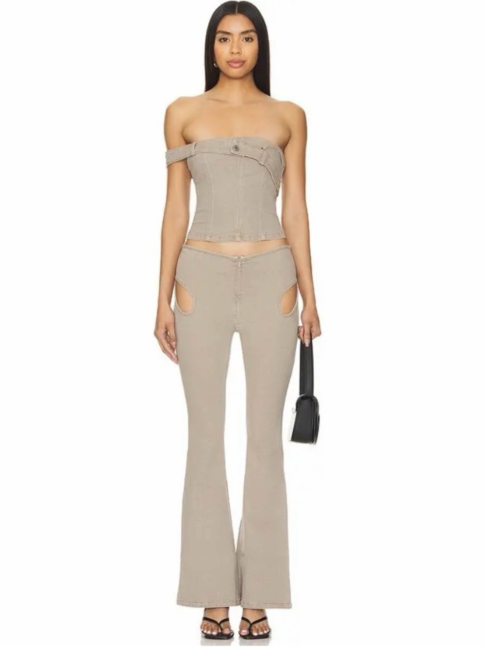 High-Rise Cutout Flare Jeans in Taupe - Picture 4 of 4